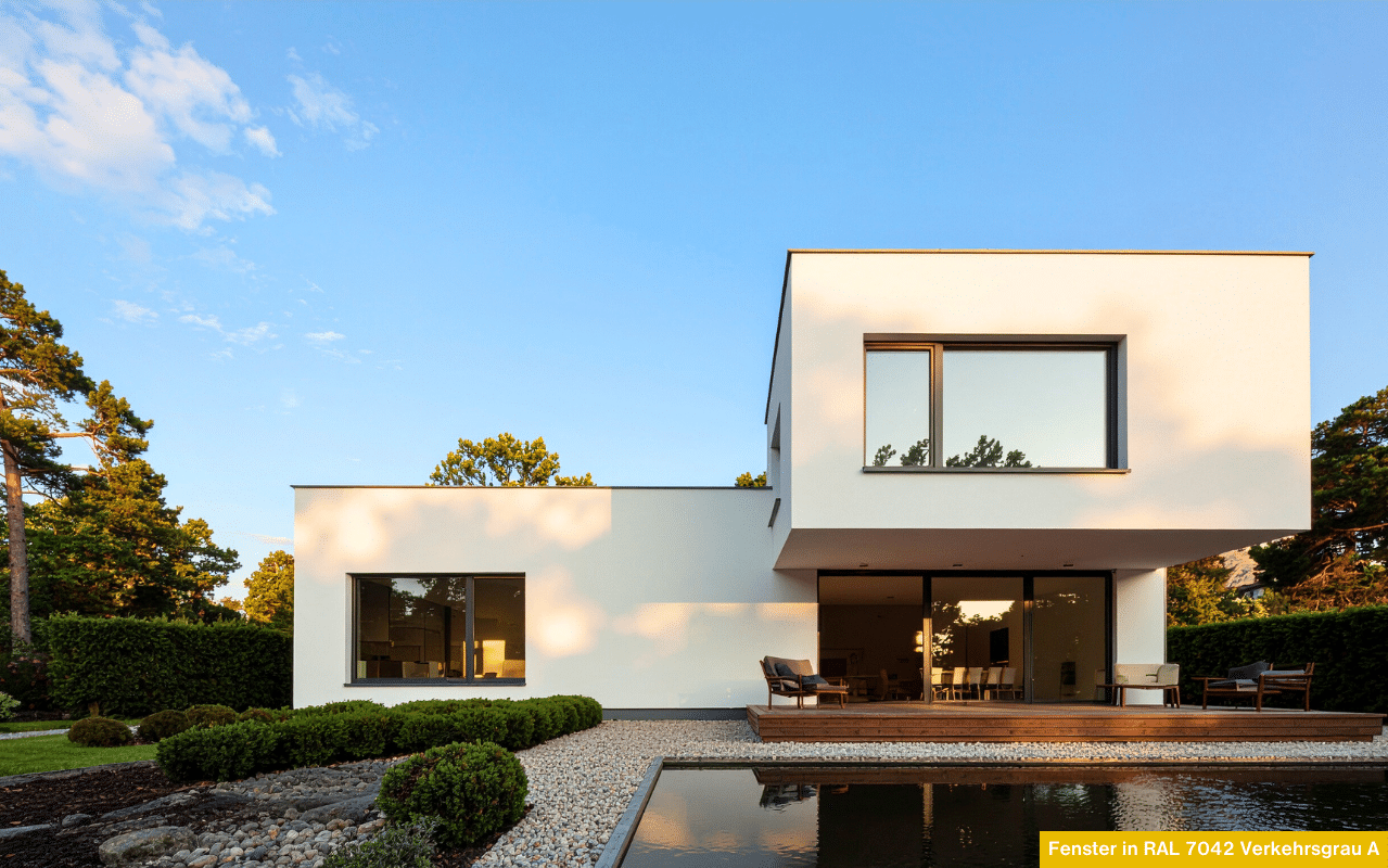 Ein moderner Neubau in Oberösterreich mit großem Pool sowie Terrasse; mit besonders schönen Fenstern in RAL 7042 Verkehrsgrau A