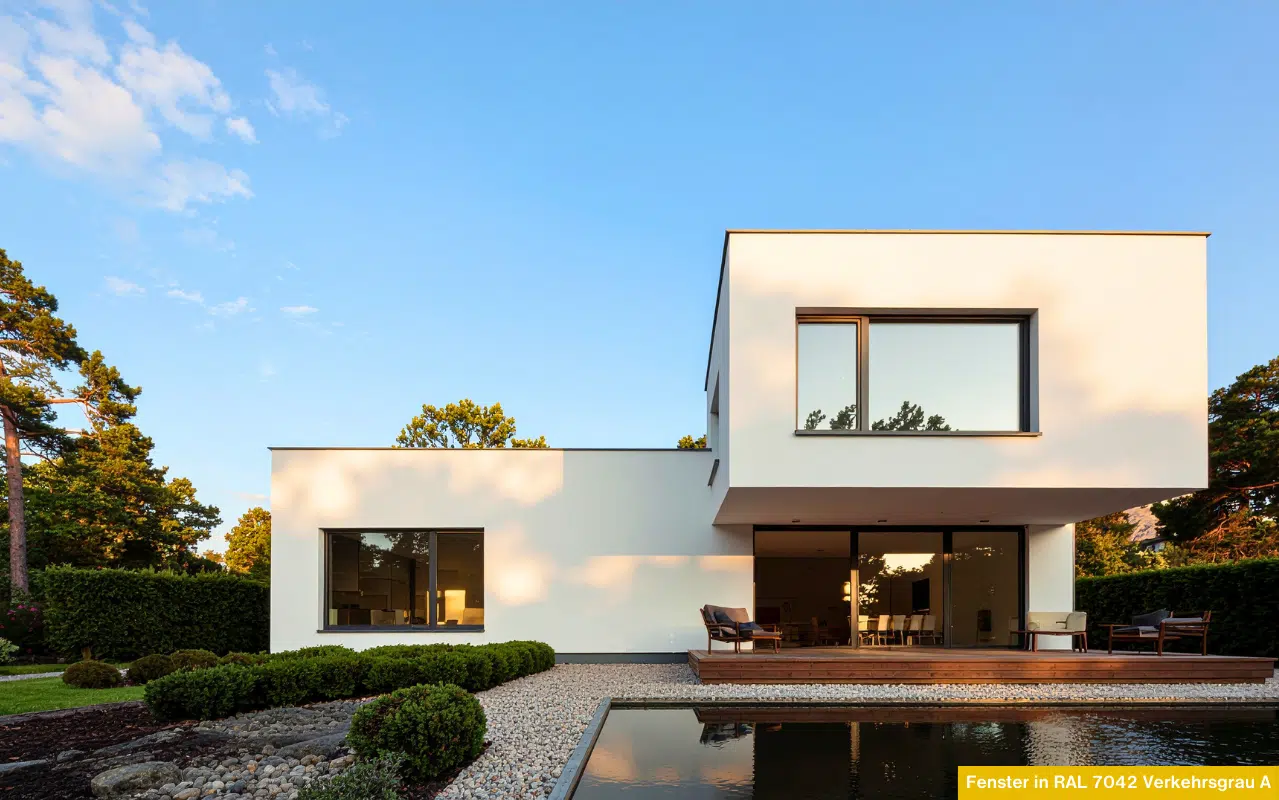 Ein moderner Neubau in Oberösterreich mit großem Pool sowie Terrasse; mit besonders schönen Fenstern in RAL 7042 Verkehrsgrau A