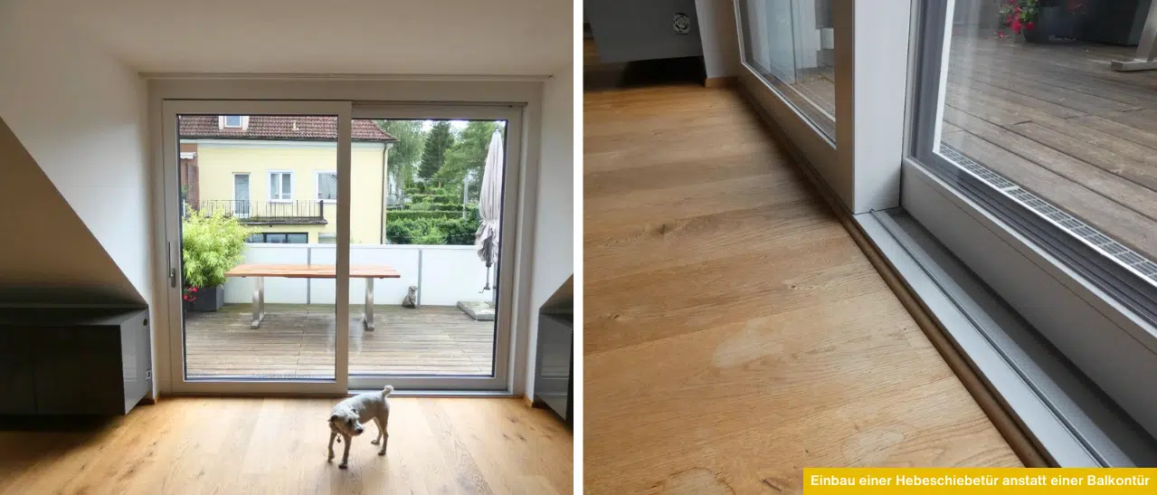 Einbau einer Hebeschiebetür anstatt einer Balkontür – hier haben wir die alte Balkontüre gegen eine Hebeschiebetüre ersetzt. Das ist das fertige Ergebnis!