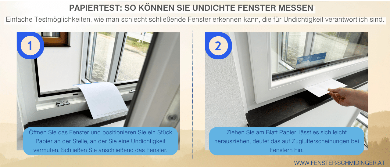 Einfache Testmöglichkeiten, wie man schlecht schließende Fenster messen kann, damit man undichte Stellen identifizieren kann.