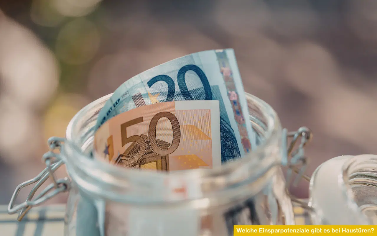 Nahaufnahme eines Glasglases, das mit Euro-Geldscheinen gefüllt ist, vor einem unscharfen Hintergrund.