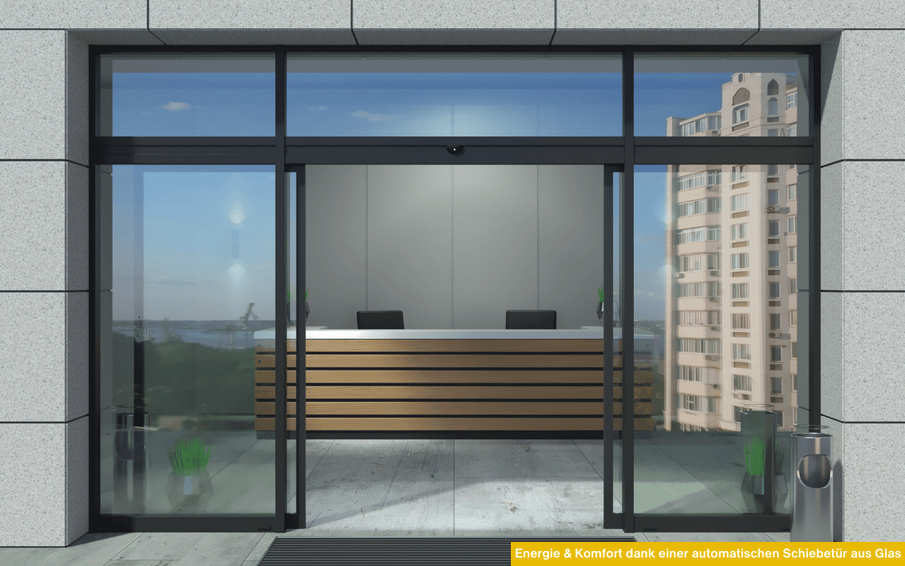 Energie & Komfort dank einer automatischen Schiebetür aus Glas am modernen Gebäude mit transparenter Front und offenem Eingangsbereich.