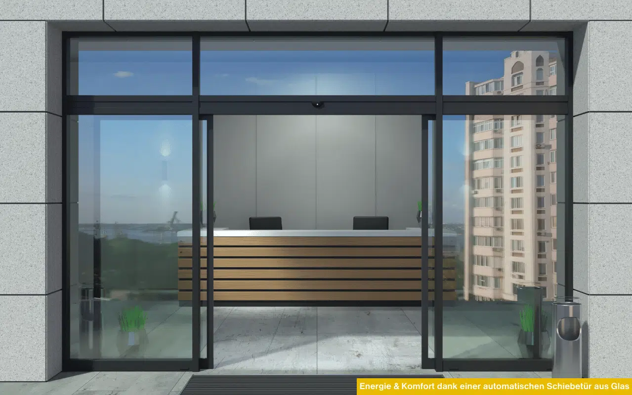 Energie & Komfort dank einer automatischen Schiebetür aus Glas am modernen Gebäude mit transparenter Front und offenem Eingangsbereich.
