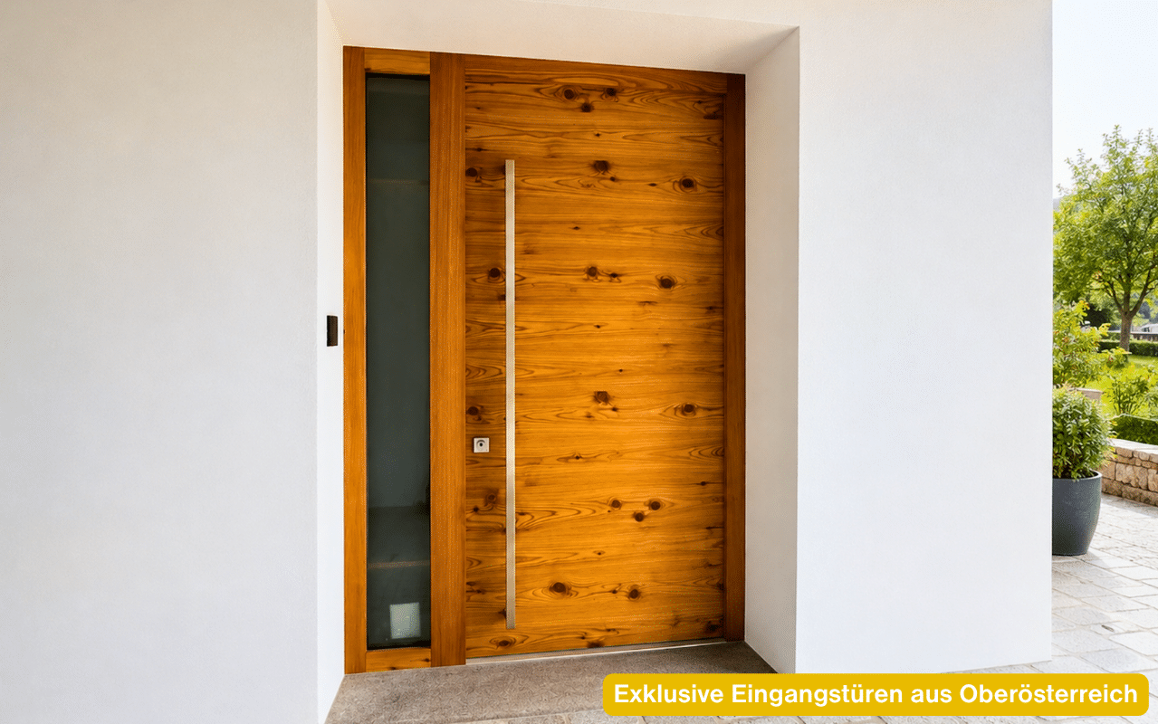 Exklusive Eingangstüren aus Oberösterreich - Haustüre aus Altholz mit Seitenteil und Griffstange