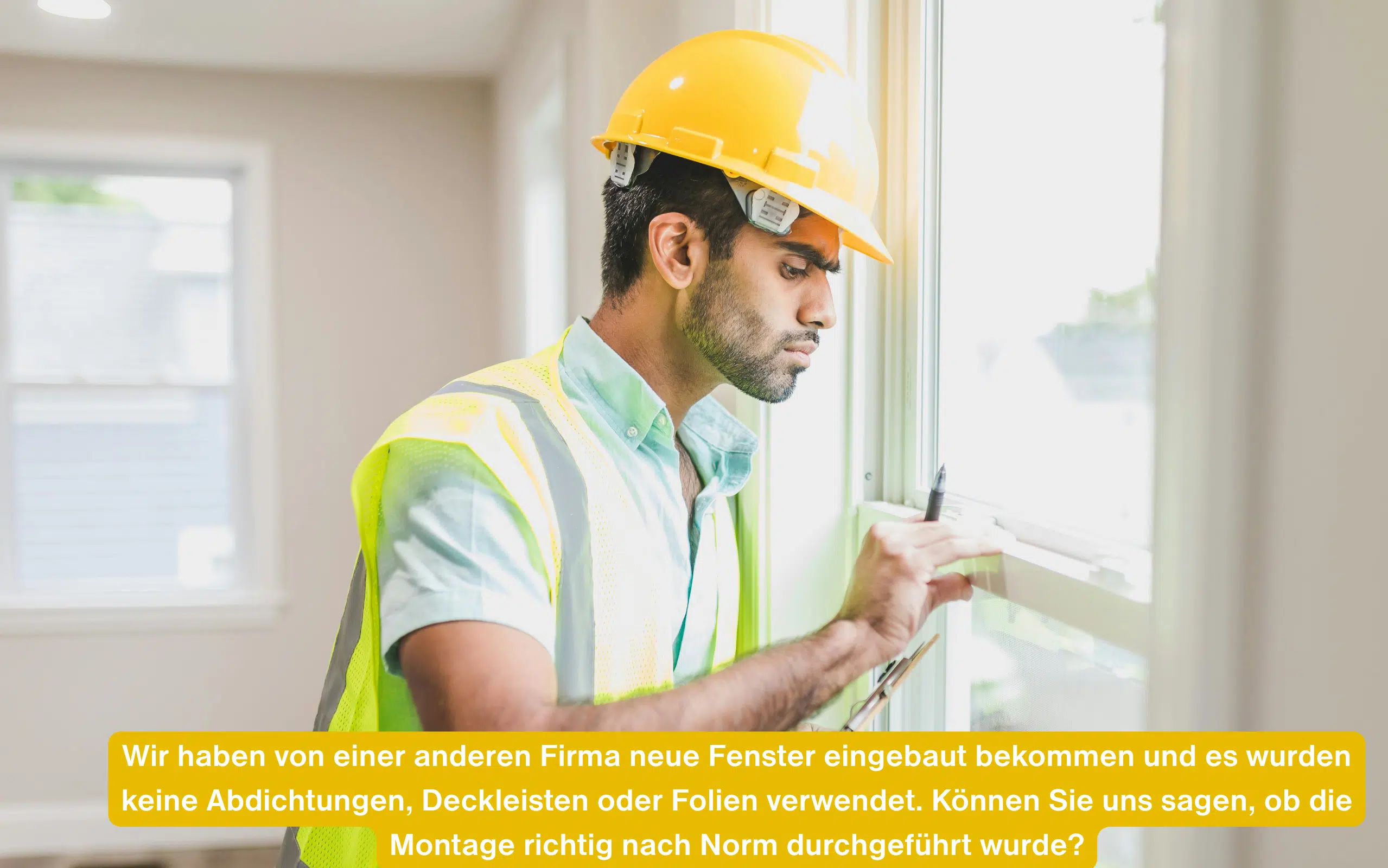 Experte prüft Montage nach Norm: Neue Fenster von anderer Firma ohne Abdichtungen oder Folien eingebaut.