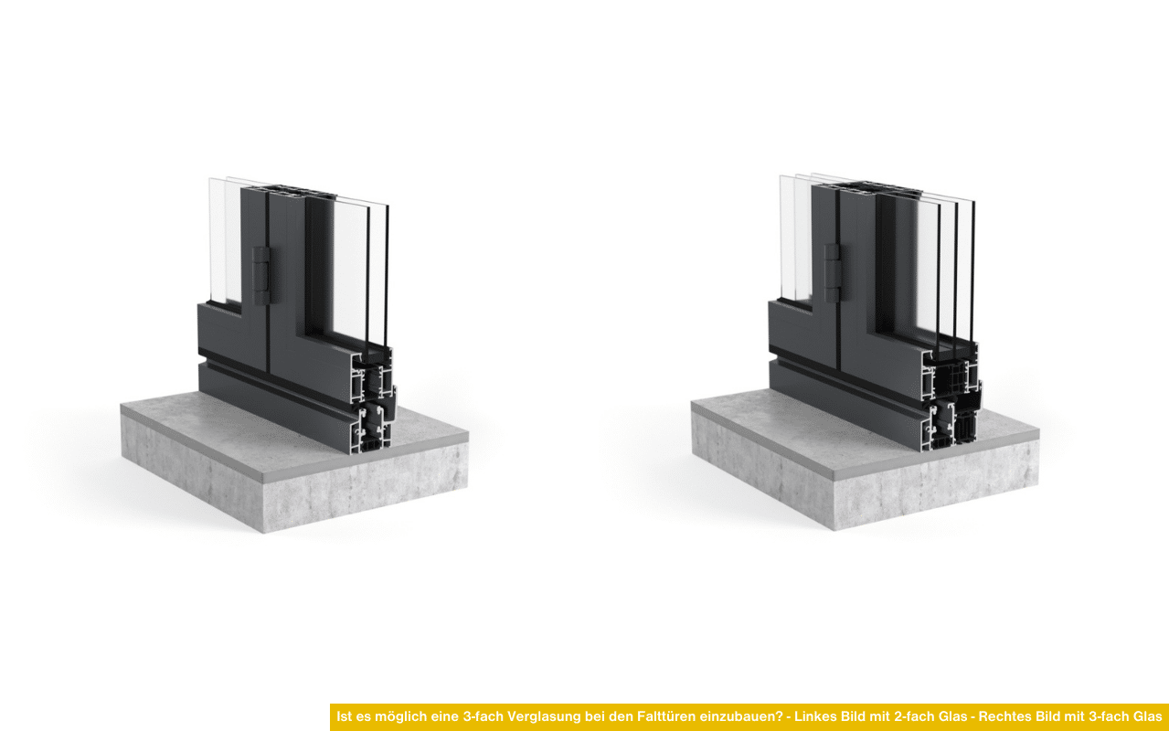 Falttüren mit 2-fach und 3-fach Verglasung Vergleich links Zweifachglas rechts Dreifachglas Wärmeschutz und Energieeffizienz.