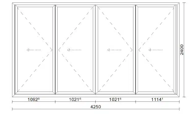 Planungsbeispiel Faltwand 4-flügelig aus Aluminium mit Isolierglas - Maß: 4250 x 2400 mm