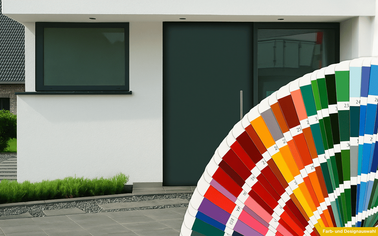 Farb- und Designauswahl moderne Haustür mit Farbfächer zeigt vielfältige RAL-Farben für individuelle Türgestaltung und Oberflächenstrukturen.