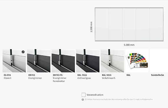 Sunflex Konfigurator zeigt Farbauswahl für Glas-Schiebesysteme von Eloxiert über DB703 bis RAL Farben für individuelle Gestaltung.