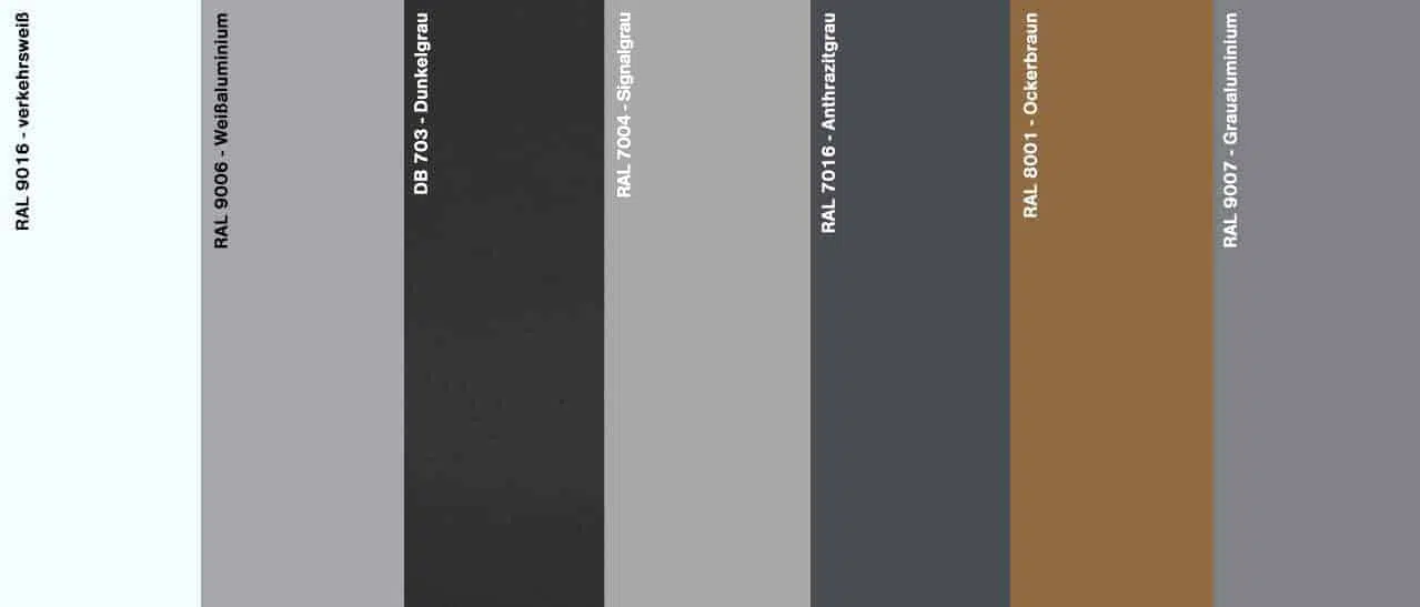 Farben die bei Balkonverglasungen gerne gewählt werden - RAL 9016 verkehrsweiß, RAL 9006 weißaluminium und RAL 9007 Graualuminium