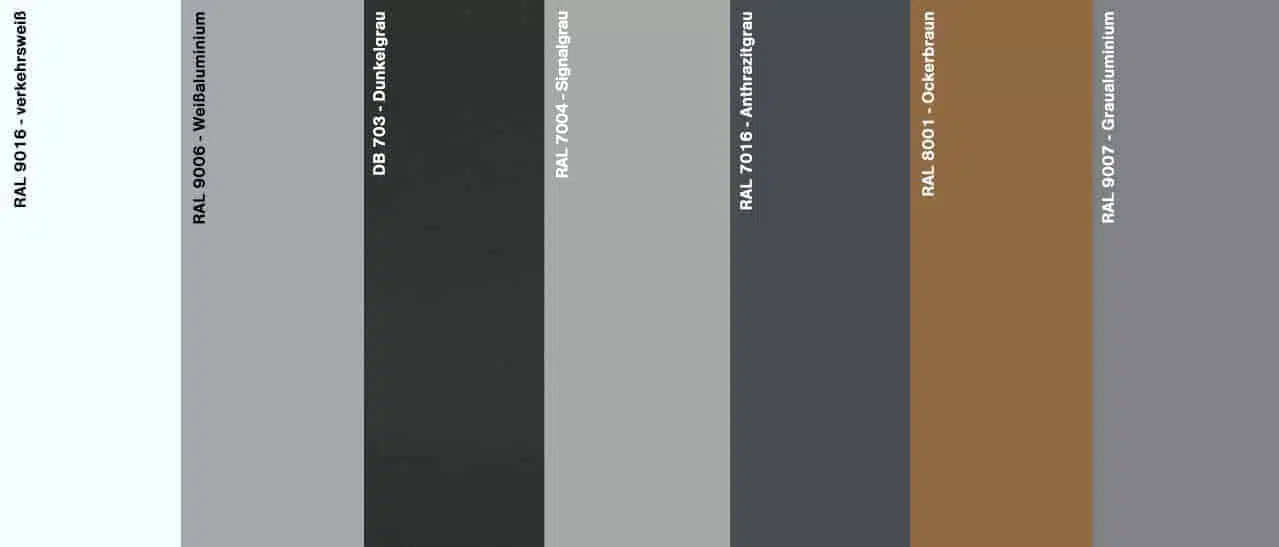 Balkonverglasungen in RAL 9016, 9006 & 9007, weitere Top-Farben oben.