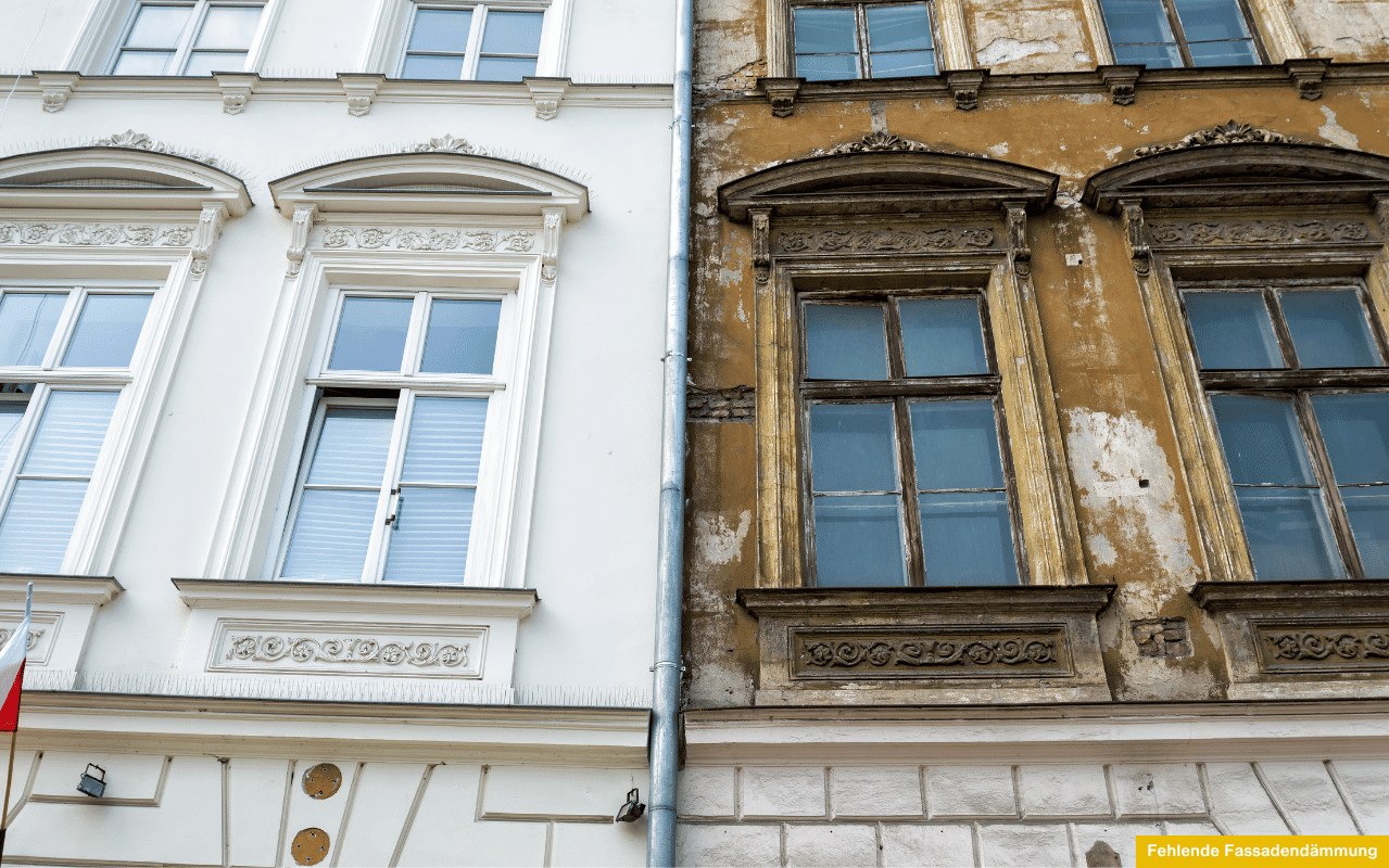 Fehlende Fassadendämmung sichtbar an Fassade mit starkem Kontrast zwischen renoviertem und unsaniertem Gebäudeteil.