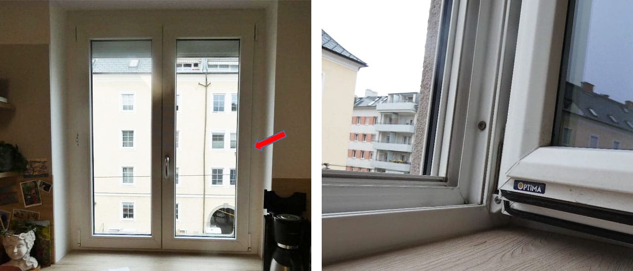 Bei diesem Fenster war der fehlende Anpressdruck auf der Bandseite des Fensters für die Undichtigkeit verantwortlich. Das Fenster wurde eingestellt und der Anpressdruck wurde erhöht.