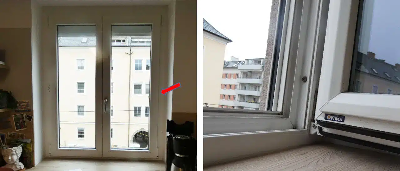 Bei diesem Fenster war der fehlende Anpressdruck auf der Bandseite des Fensters für die Undichtigkeit verantwortlich. Das Fenster wurde eingestellt und der Anpressdruck wurde erhöht. 