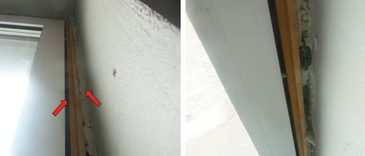 Wie in diesem Bild ersichtlich, wurde ein schwerwiegender Fehler beim Fenstereinbau begangen, indem die Bauanschlussfuge mangelhaft ausgeschäumt wurde. 