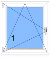 Skizze eines Fenstertypen mit 1-flügeligem Dreh-Kipp-Fenster aus weißem Kunststoff mit Anschlag links.