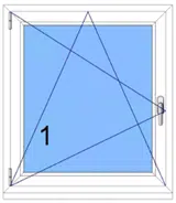 Skizze eines Fenstertypen mit 1-flügeligem Dreh-Kipp-Fenster aus weißem Kunststoff mit Anschlag links.