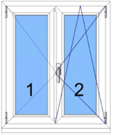 Skizze verschiedener Fensterarten mit 2-flügeligem Fenster in Stulpausführung aus weißem Kunststoff.