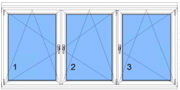 Skizze einer Fensterlösung mit 3-flügeligem Fenster mit Kämpfer: links Dreh-Kipp, Mitte und rechts Dreh-Kipp rechts in Weiß.