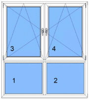 Skizze zeigt ein vierteiliges Fenster mit Unterlichte ideal für helle Räume und moderne Architektur.