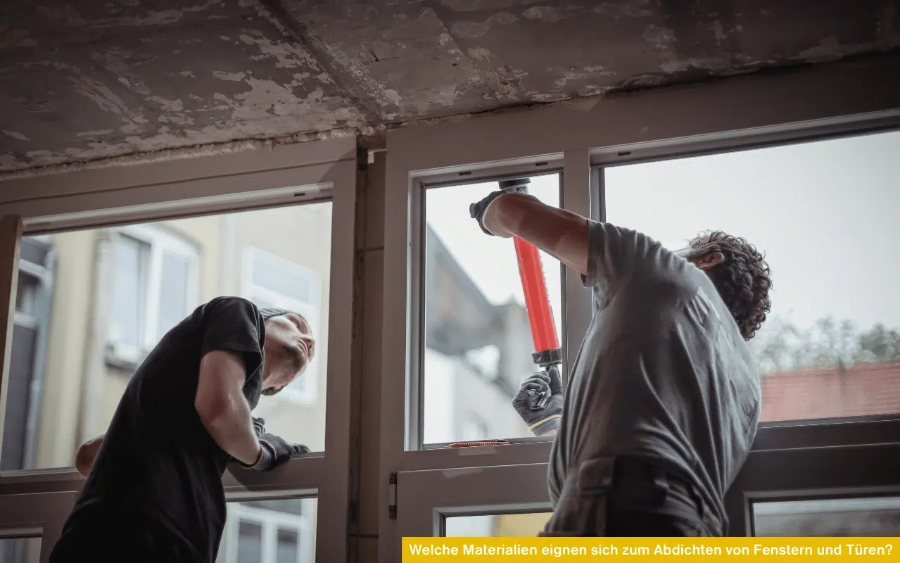 Zwei Handwerker dichten Fensterrahmen in einem Rohbau mit einer roten Kartuschenpresse ab.