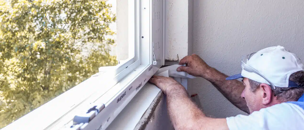 Fenstermonteur von Schmidinger bringt Abdichtungsfolie im Fensterbankanschlussbereich an.