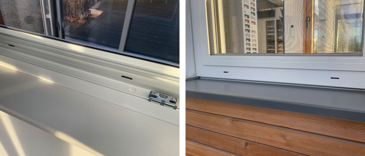Anleitung zur Reinigung der Entwässerungsschlitze an Fenstern: entfernen von Blättern und Insekten.