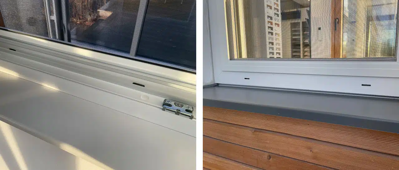 Anleitung zur Reinigung der Entwässerungsschlitze an Fenstern: entfernen von Blättern und Insekten.