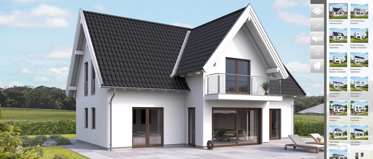 Mit einem Farbkonfigurator für Fenster & Türen lassen sich Designvarianten vorab prüfen. Die Darstellung eines Giebelhauses veranschaulicht, wie braune Rahmenprofile die Optik einer weißen Fassade und eines dunklen Daches harmonisch aufwerten.