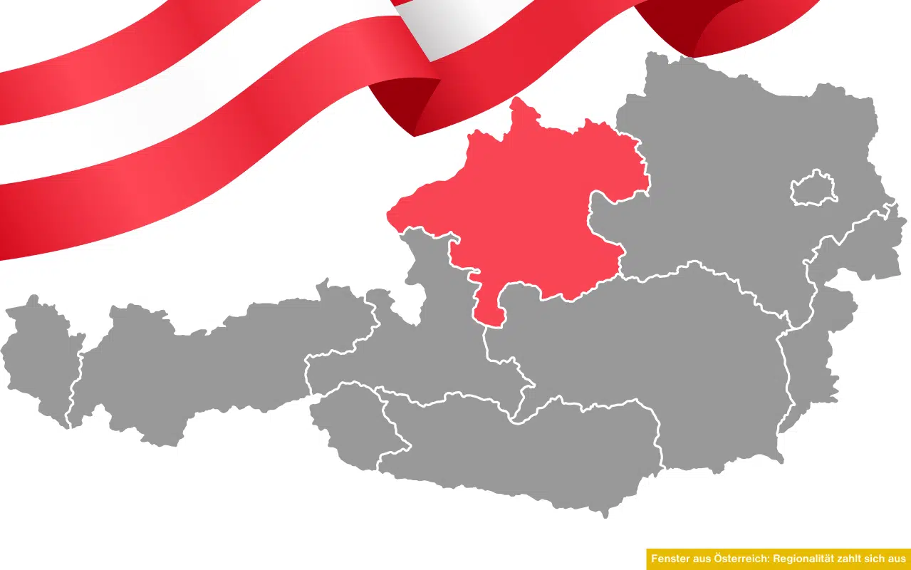 Grafik zeigt Österreichkarte mit Oberösterreich hervorgehoben und betont die Bedeutung regionaler Fensterhersteller.