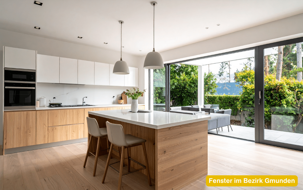 Fenster im Bezirk Gmunden als raumhohe Schiebetür in einer hellen Design-Küche mit direktem Gartenblick