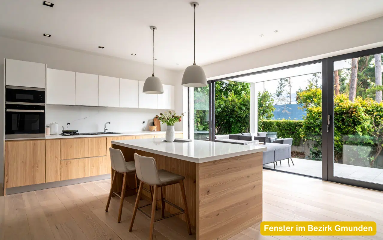 Fenster im Bezirk Gmunden als raumhohe Schiebetür in einer hellen Design-Küche mit direktem Gartenblick