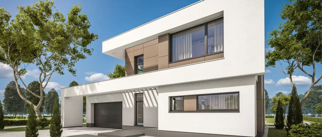 Neubau mit pulverbeschichteten Aluminiumfenstern in Umbragrau RAL 7022.