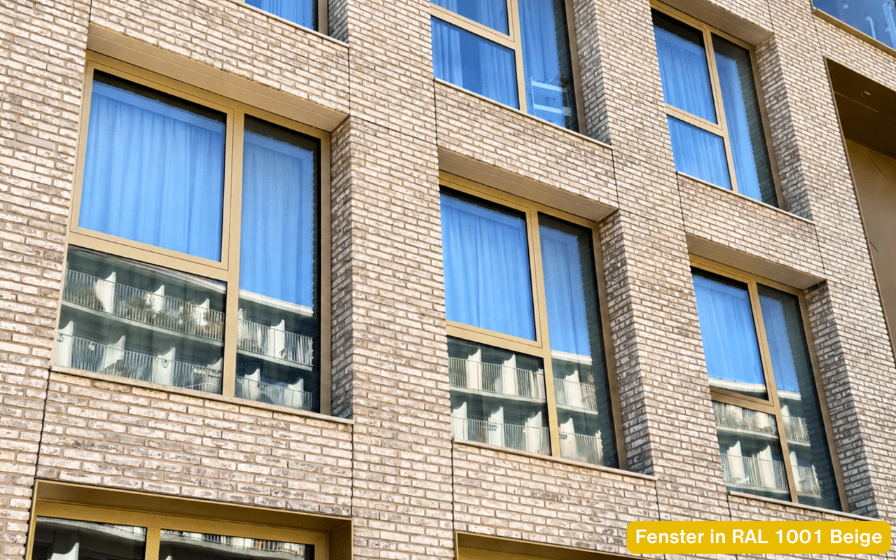 Fenster in RAL 1001 Beige an moderner Klinkerfassade mit großen Glasflächen und warmem, sandfarbenem Rahmen