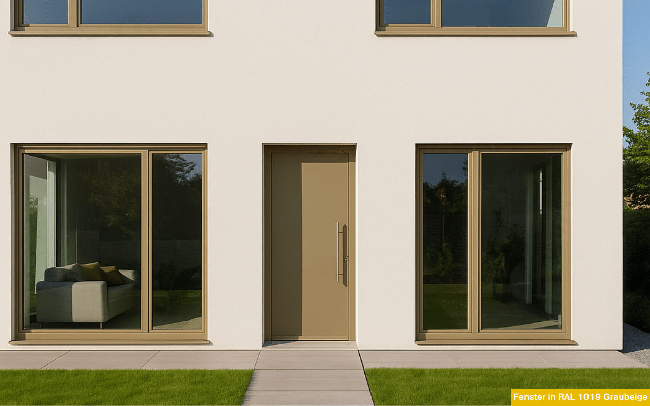 Fenster in RAL 1019 Graubeige an moderner Hausfassade mit großen Glasflächen und harmonisch abgestimmter Haustür in warmem Beigeton.