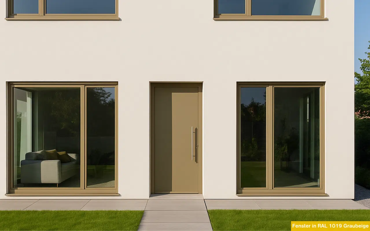 Fenster in RAL 1019 Graubeige an moderner Hausfassade mit großen Glasflächen und harmonisch abgestimmter Haustür in warmem Beigeton.