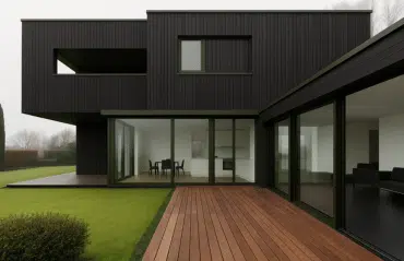 Fenster in RAL 6003 Olivgrün an modernem Neubau mit dunkler Holzfassade und großen Glasflächen zur Terrasse und Garten.