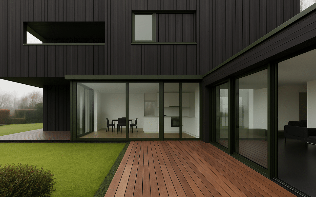 Fenster in RAL 6003 Olivgrün harmonieren mit dunkler Fassade und sorgen für stilvolle Architektur im modernen Einfamilienhaus.