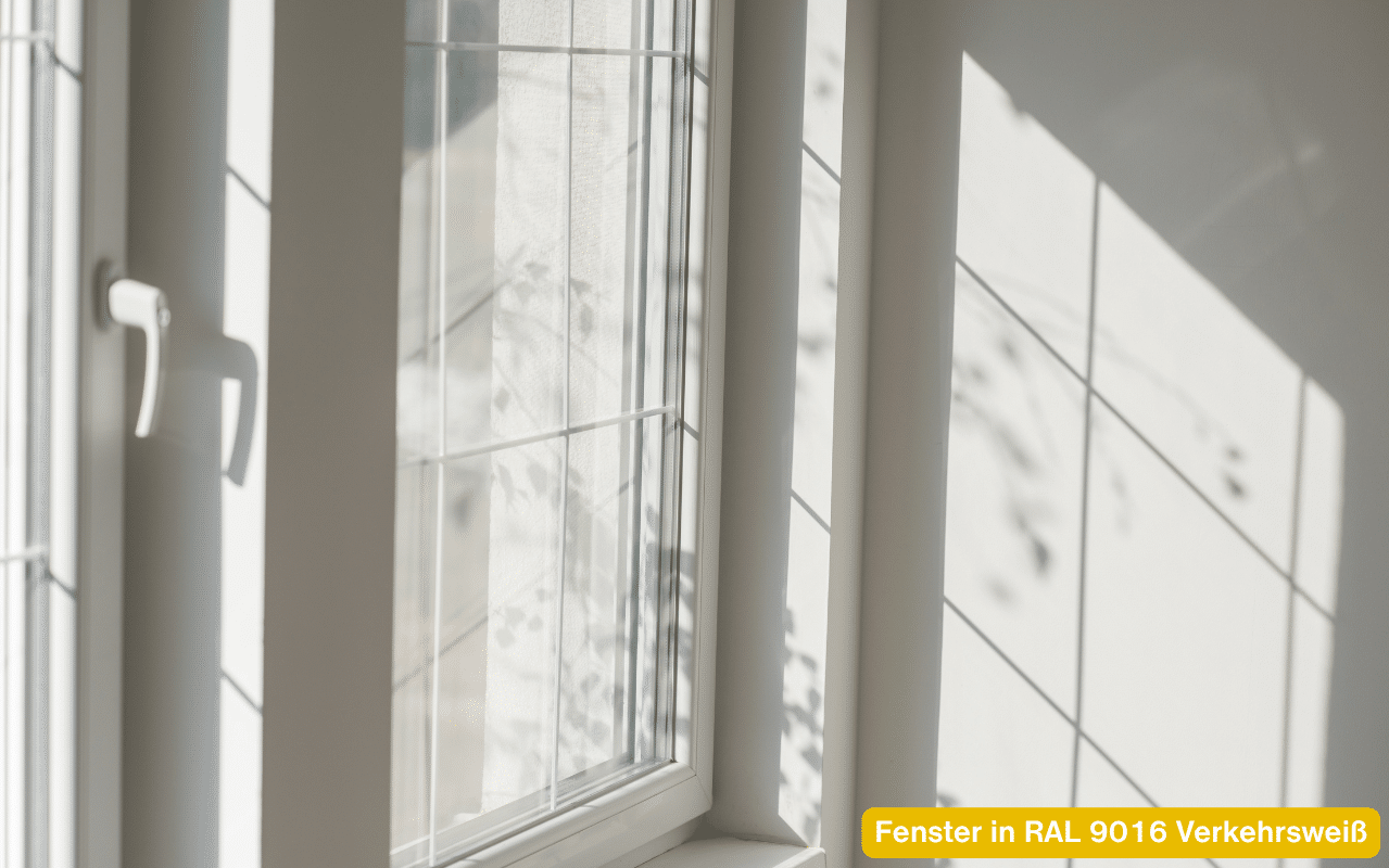 Fenster in RAL 9016 Verkehrsweiß im sonnigen Raum mit weißem Griff und Sprossen
