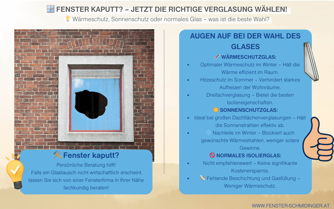 Links ist ein Fenster mit einem großen Loch im Glas abgebildet. Rechts erklärt eine blaue Infobox drei Arten von Fensterglas mit ihren jeweiligen Vor- und Nachteilen.