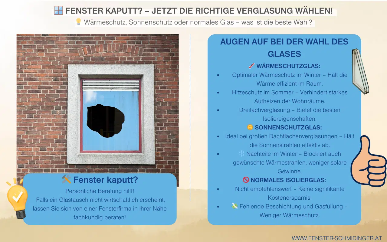 Fenster kaputt? Jetzt die richtige Verglasung wählen – Wärmeschutzglas, Sonnenschutzglas oder normales Isolierglas.