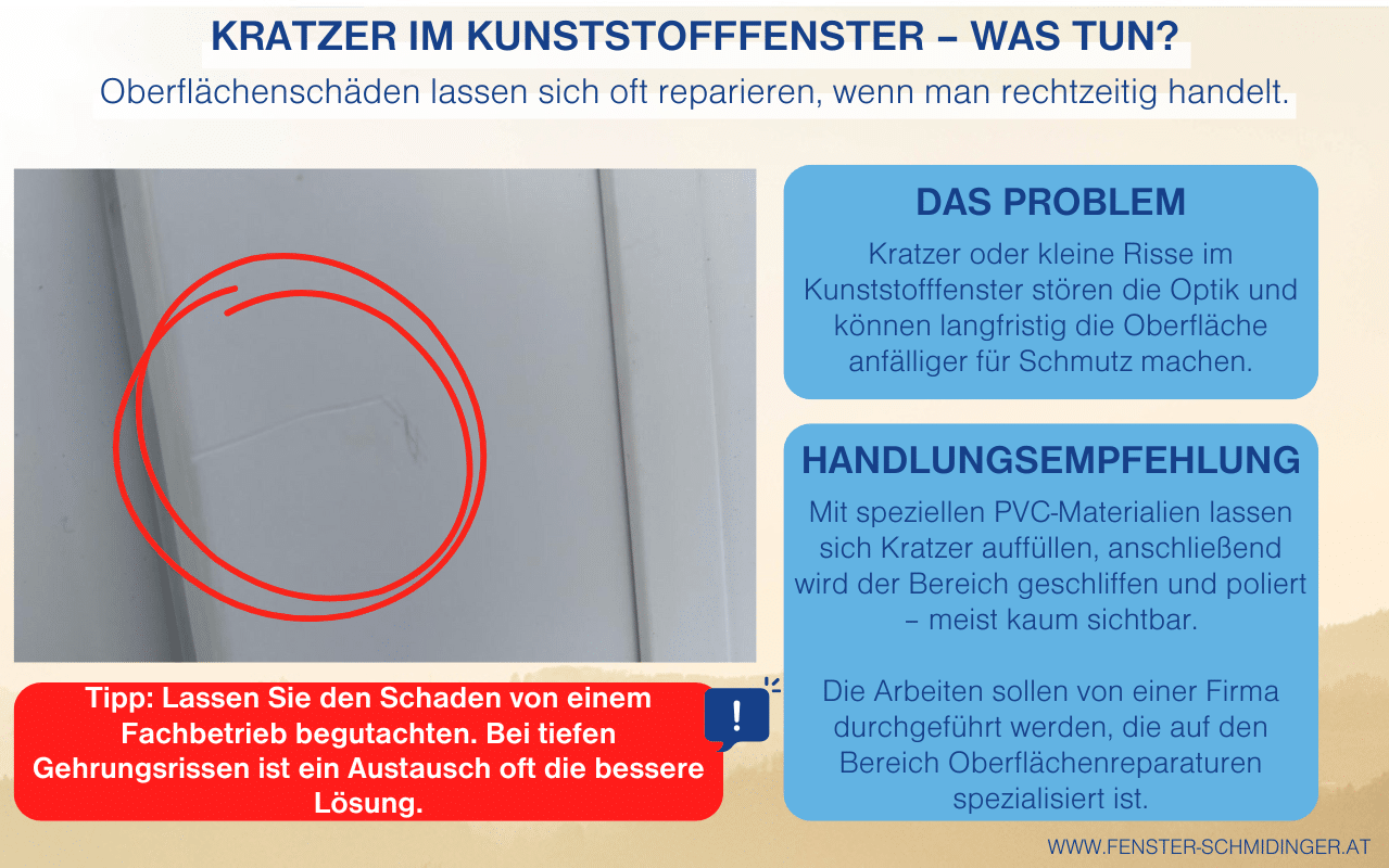 Infografik zeigt zerkratztes Kunststofffenster mit Tipps zur Reparatur und Empfehlung, Schäden von einem Fachbetrieb überprüfen zu lassen.