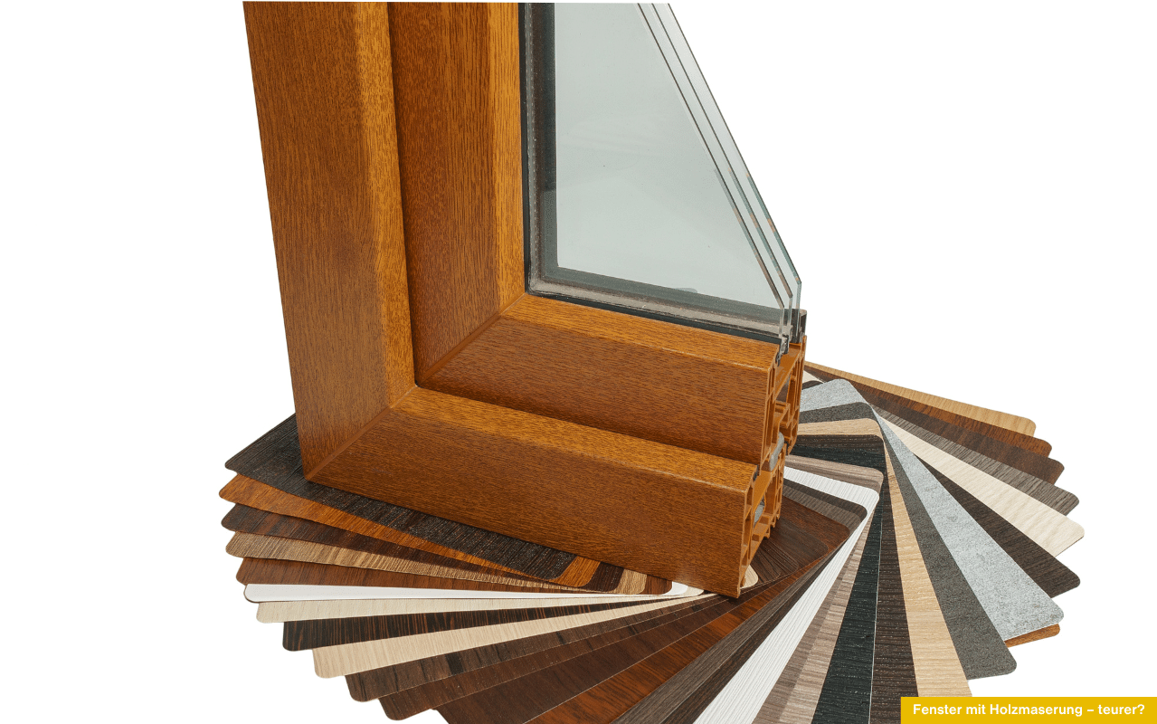 Fenster mit Holzmaserung - teurer? Kunststofffenster in Holzoptik mit Musterfächern zur Auswahl von Dekorfolien.