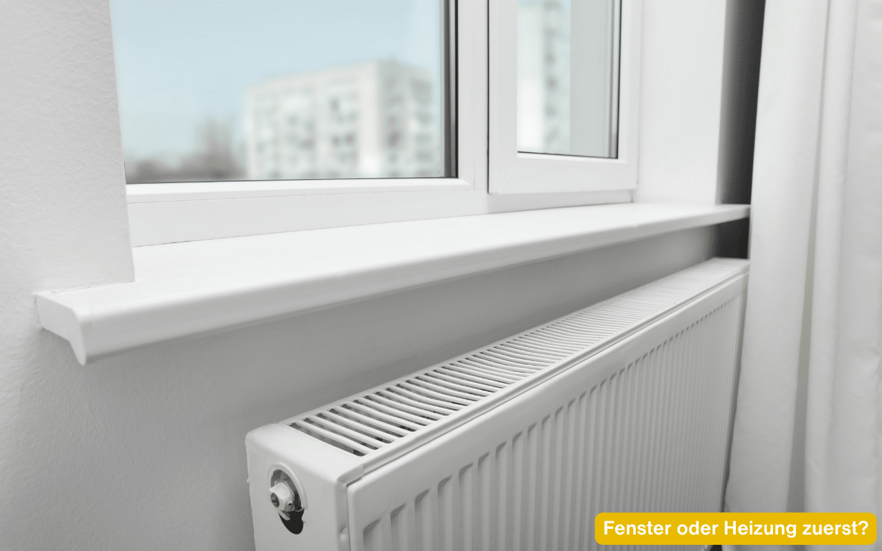 Fenster oder Heizung zuerst? Warum der Fenstertausch vor der Wärmepumpe kommt, weißer Radiator an der Fensterbank