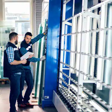 Mitarbeiter eines Prüfungslabors auf einem Messestand testen Fenster und Türen in unabhängigen Prüfungen Fenster-Test und Prüfungen.