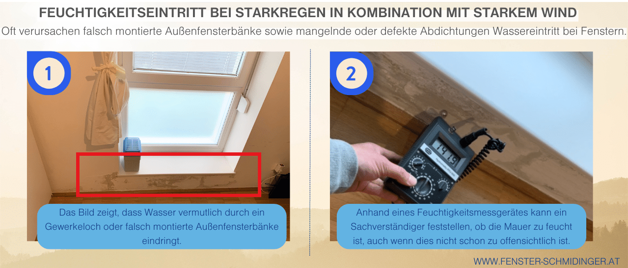 Fenster undicht bei Starkregen: Wasser dringt durch falsch montierte Außenfensterbänke ins Mauerwerk ein.