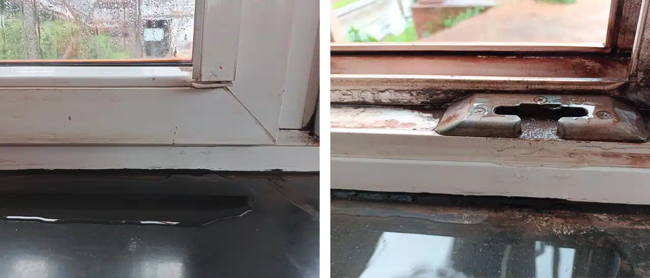 Undichte Fenster mit Wasserlachen innen, vermutlich wegen mangelnder Wartung.