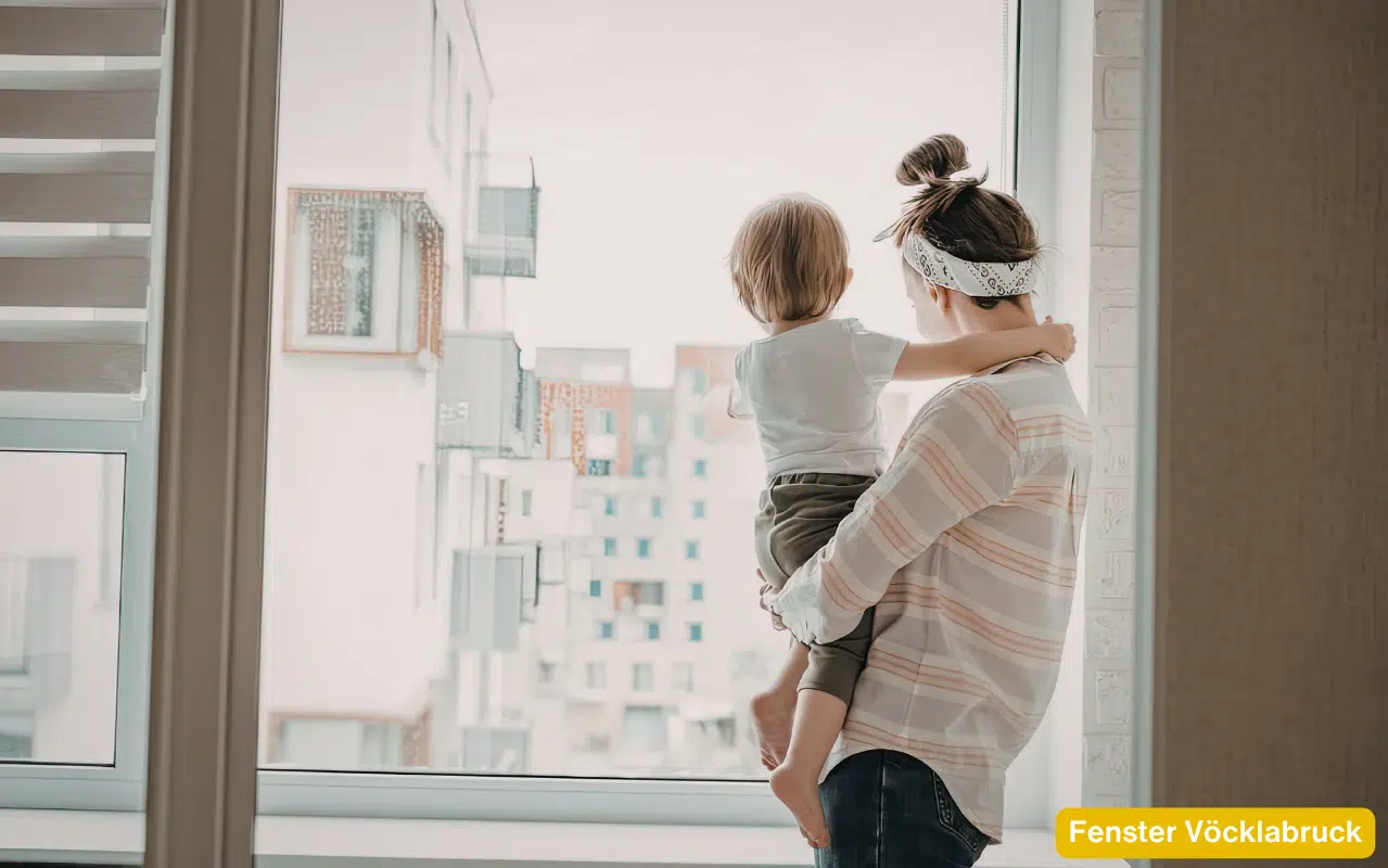 Fenster Vöcklabruck – Geborgenheit am Fenster: Mutter und Kind blicken auf moderne Hausfassaden in heller Umgebung.