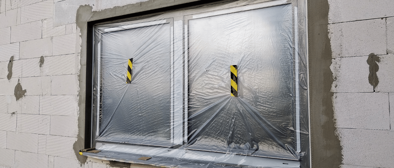 Selbstklebende, UV-beständige Folien schützen hochwertige Fenster während des Baus und verhindern Schäden an Glas und Rahmen.