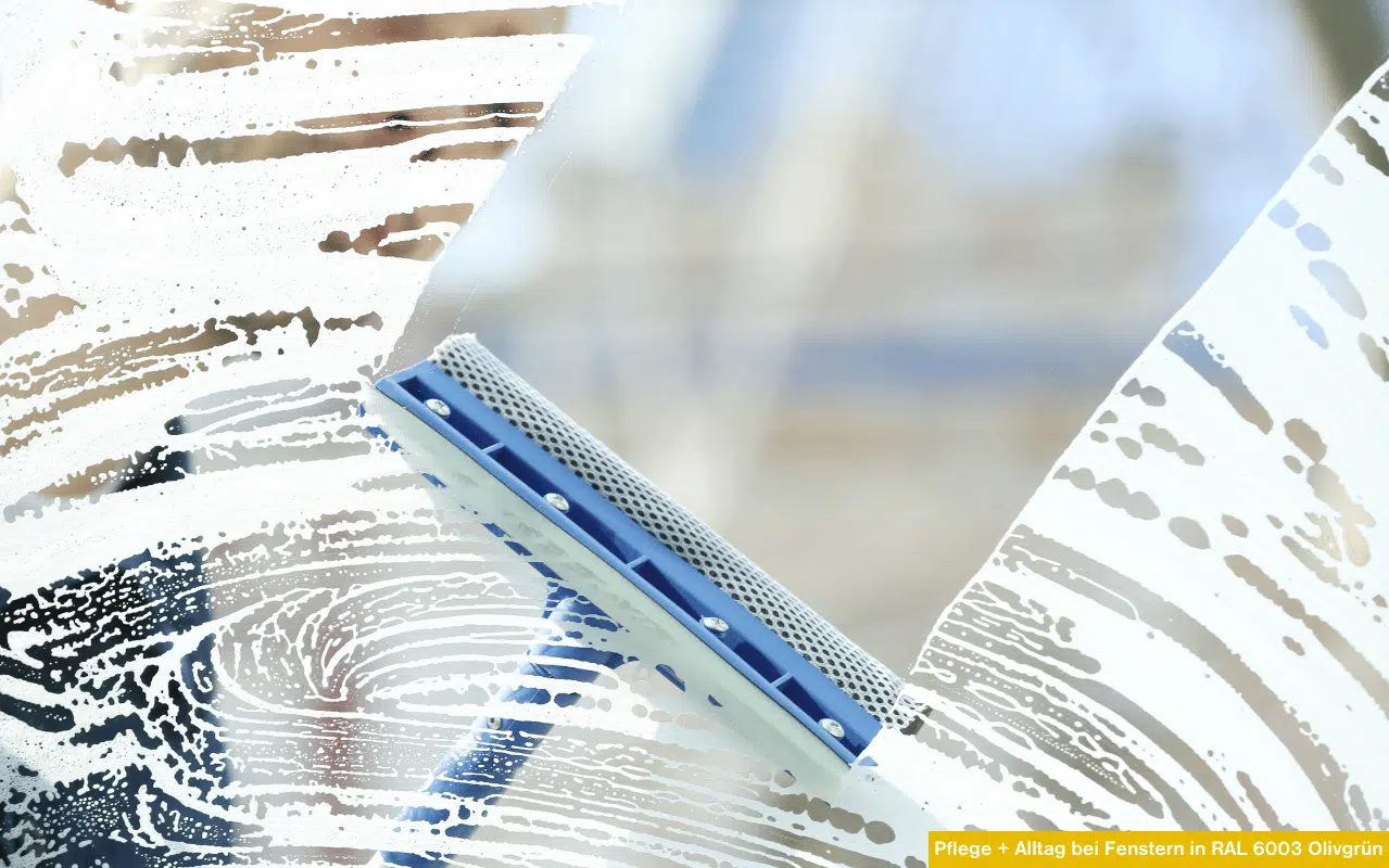 Fenster wird gereinigt als Sinnbild für Pflege + Alltag bei Fenstern in RAL 6003 Olivgrün und regelmäßige Wartung der Dichtungen.